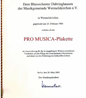 Urkunde zur Verleihung der Pro-Musica-Plakette 2003